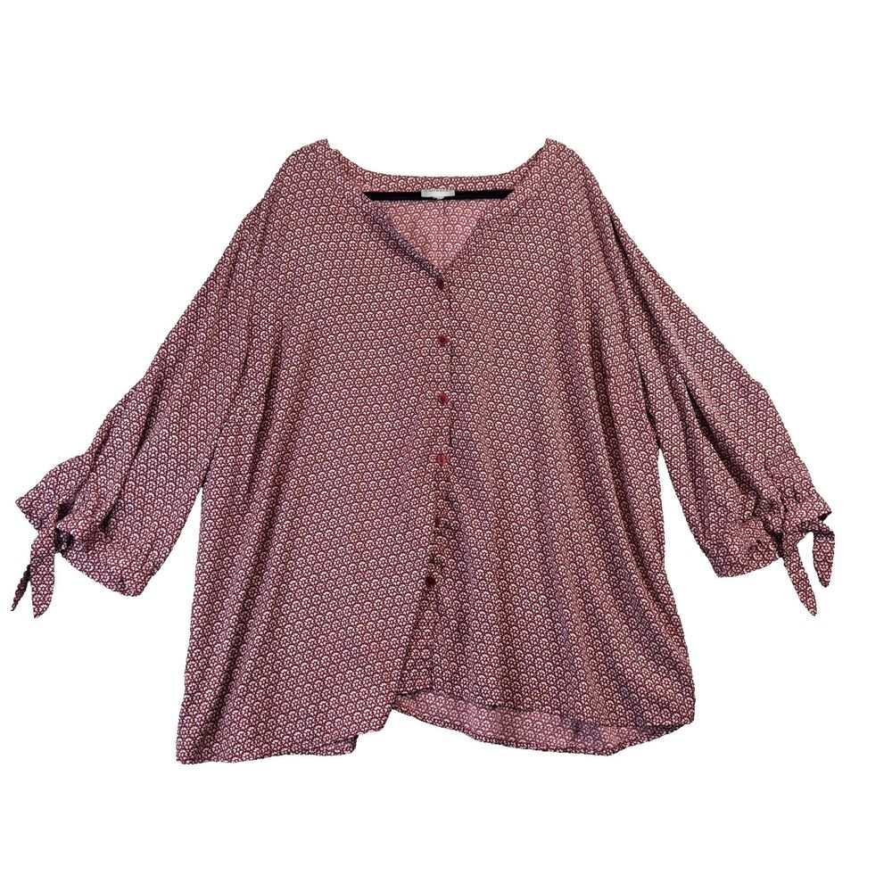 Catherines Top Womens 5X Red White Tunic Button Front Bow Tie Sleeve Office Work